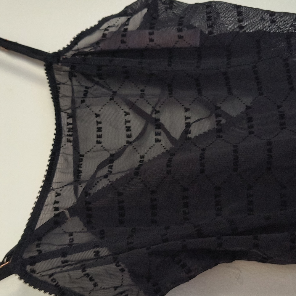 Savage X Fenty Flocked Logo Teddy Sheer Black Bodysuit Teddy Sz Med Women - Picture 5 of 12